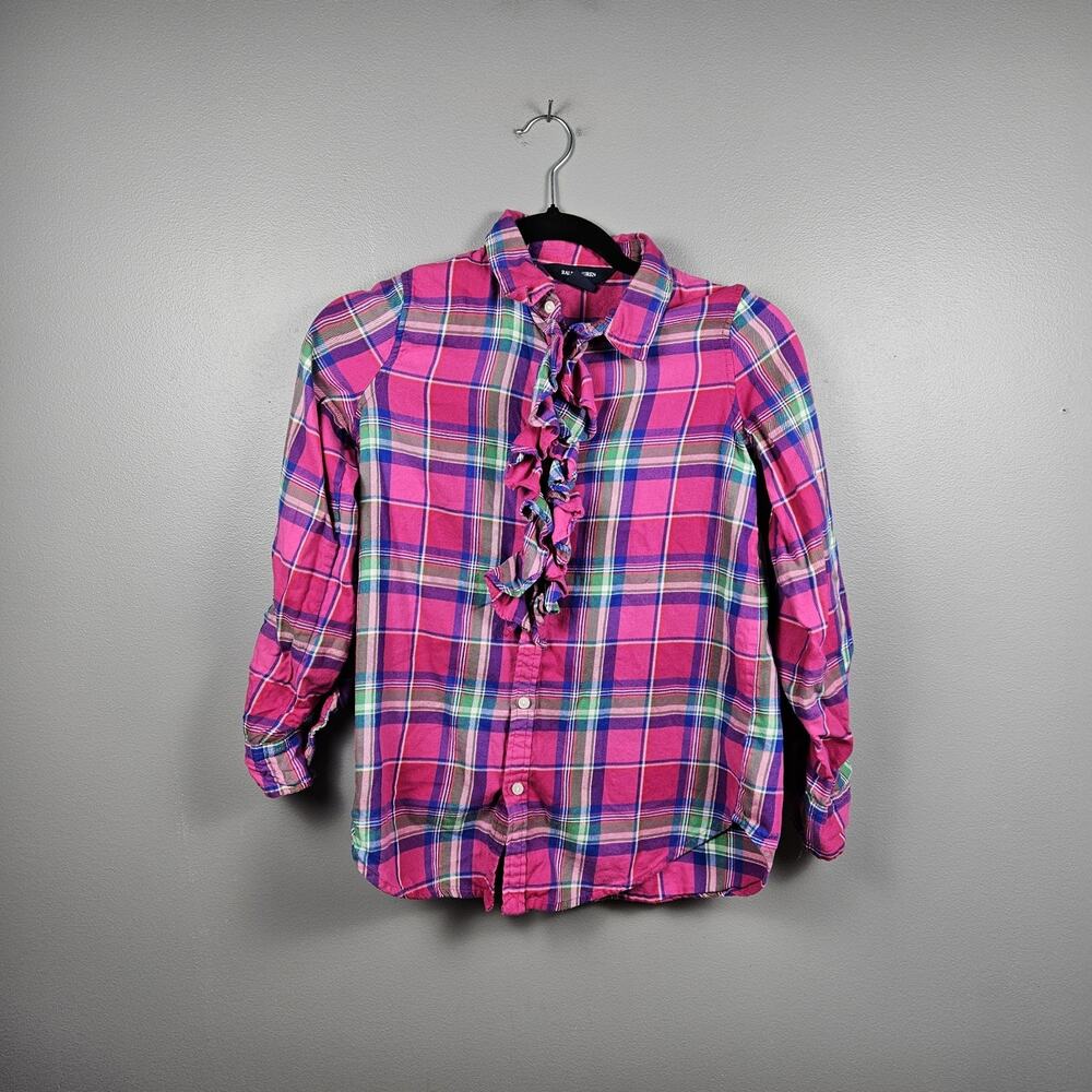 Ralph‎ Lauren Girls 12 Pink Plaid Ruffle Button Down Shirt Cotton Long Sleeve
